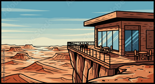 A wooden building with a balcony overlooks a desert landscape of mesas under a blue sky