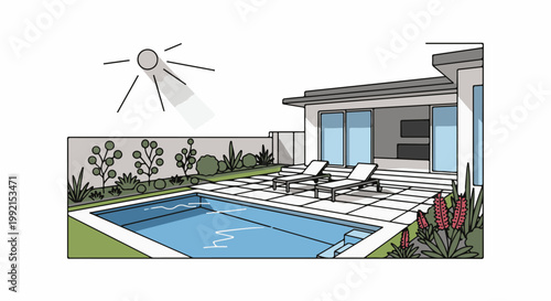 A sunny backyard with a pool, lounge chairs, and modern house
