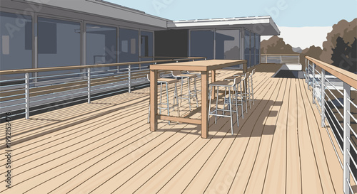 A sunlit wooden deck with high tables and stools faces a modern house with large windows