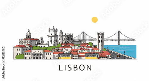 A sunny city skyline with iconic architecture, trams, a bridge, and water