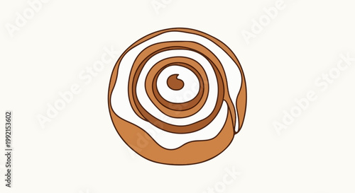 A sweet, swirled pastry with white icing drizzles on a light background