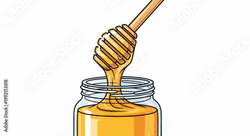 A wooden dipper lifts golden honey from a clear glass jar