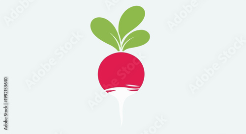 A stylized red radish with green leaves against a light gray background