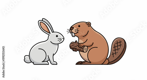 A white bunny sits next to a brown beaver holding a log