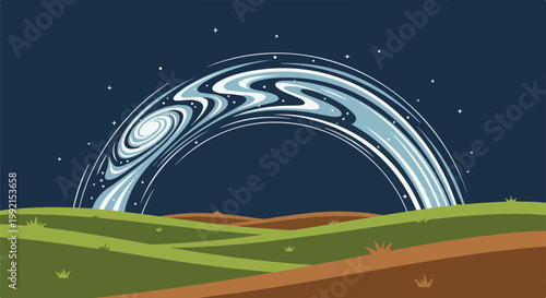 A swirling cosmic arch spans a serene, star-dusted night sky above rolling, colorful hills