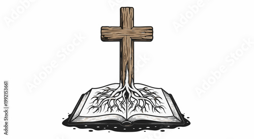 A wooden cross grows from roots emerging from an open book