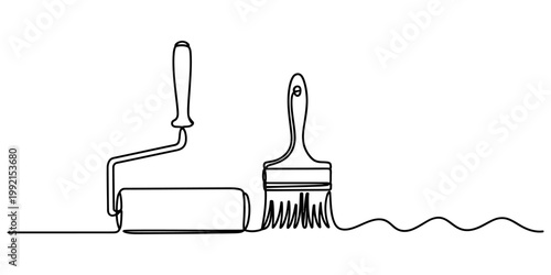 Minimalist continuous line art illustration featuring a classic paint roller and a wide brush for home improvement projects. Vector, illustration
