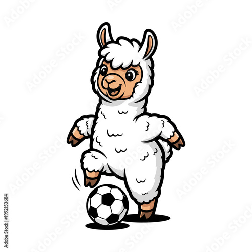 Adorable cartoon llama playing soccer, smiling and posing with a football, cheerful sports animal mascot character.
