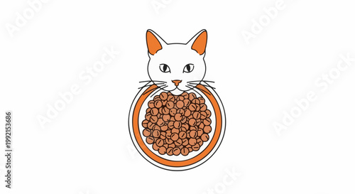 A white cat with orange ears and nose looks down at a full bowl of brown kibble