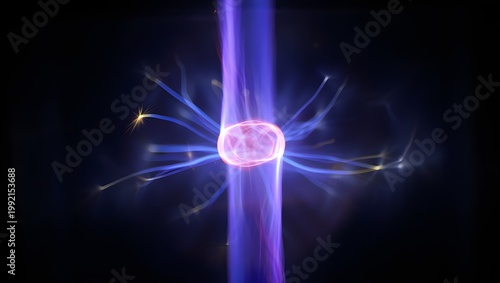 Captivating plasma ball displays brilliant purple and pink electrical discharges emanating from its core, creating mesmerizing light.