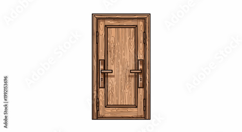 A wooden double door with ornate detailing and two horizontal handles