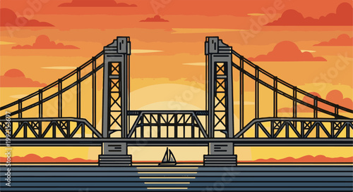 A vibrant sunset paints the sky over a large bridge with a sailboat gliding on the water