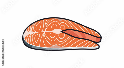 A stylized salmon steak illustration with white lines on orange flesh and a dark gray border