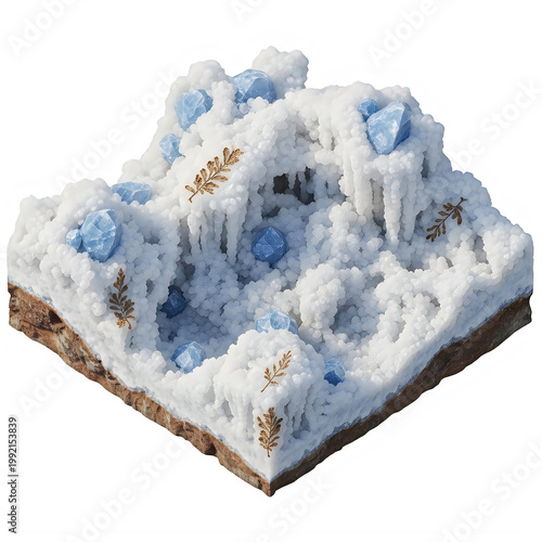 A close-up view of a textured, fluffy, and layered white foam or insulation material block