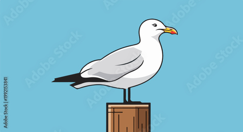 A stylized seagull with gray and white plumage stands perched on a wooden post against a solid blue background