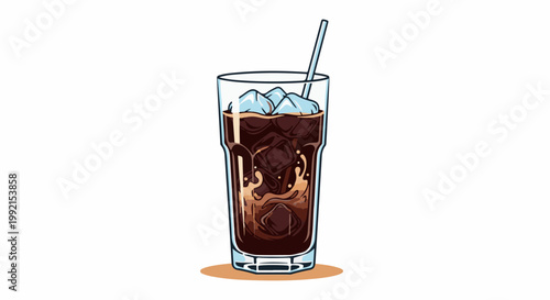A tall glass filled with dark brown iced beverage and ice cubes, with a straw