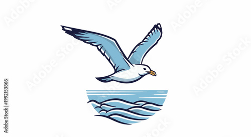 A stylized seagull with wings spread soars above a simplistic depiction of ocean waves