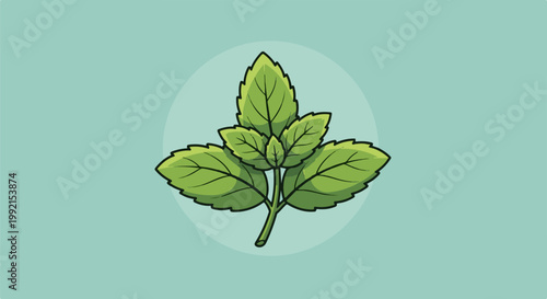 A stylized illustration of vibrant green mint leaves on a soft teal background