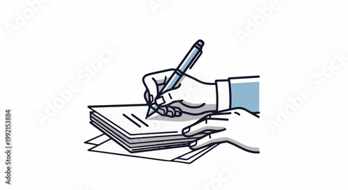 A stylized illustration shows a person writing on papers with a pen