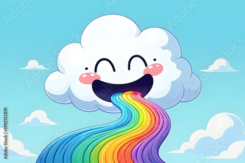 Cheerful cartoon cloud with rosy cheeks and a big smile happily expelling a vibrant, colorful rainbow from its mouth against a bright blue sky with smaller clouds.