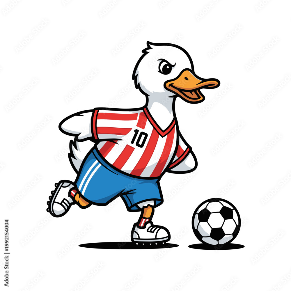 Obraz premium Cartoon Duck Kicking Soccer Ball in Striped Sports Jersey