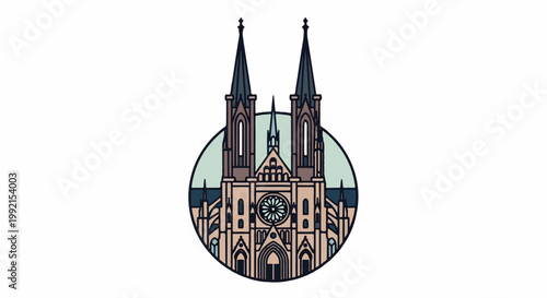 A stylized, simplified depiction of a grand church with twin spires