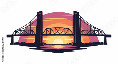 A stylized, silhouetted bridge spans a vibrant sunset reflecting on water below