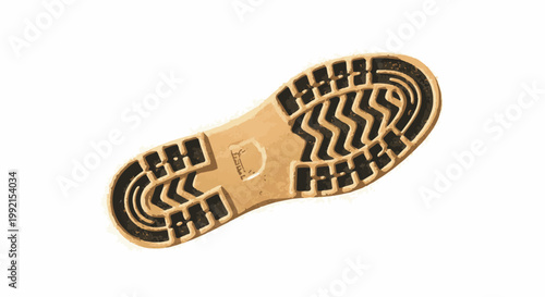 A tan boot sole with a rugged black tread pattern on a white background