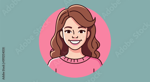 A stylized, smiling woman with wavy brown hair and a pink sweater on a blue background
