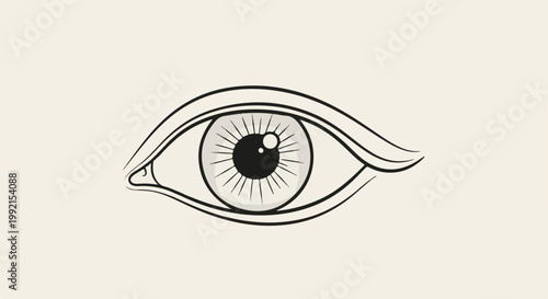 A stylized line drawing of a human eye with a black pupil and iris