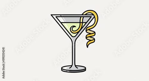 A stylized martini glass filled with pale green liquid and a lemon twist garnish on a light background