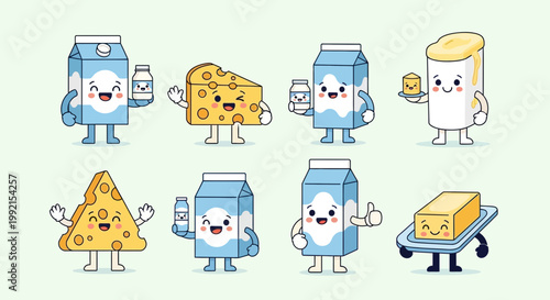 Cartoon milk and cheese characters gathered in a playful scene together outside