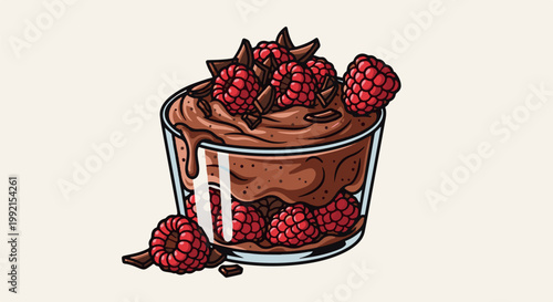 A tempting chocolate dessert layered with fresh raspberries and dark chocolate shards in a clear glass