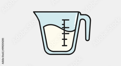 A stylized illustration of a glass measuring cup with liquid and measurement markings