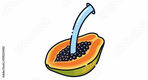 A stylized illustration of a halved papaya with a blue tube pouring liquid into its seeded interior