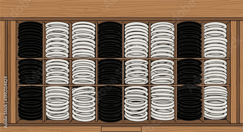 A wooden drawer holds neatly stacked rows of black and white circular game pieces, ready for play