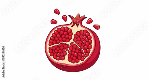 A stylized illustration of a halved pomegranate with seeds scattered
