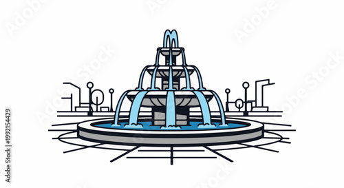 A stylized, multi-tiered fountain with flowing blue water in a simplified urban park setting