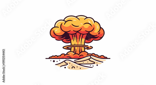 A stylized mushroom cloud erupts over a sandy landscape with swirling dust
