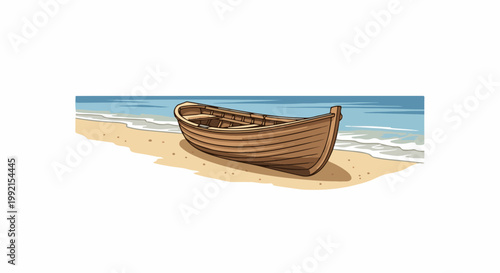 A wooden rowboat rests on a sandy beach, with gentle waves lapping the shore