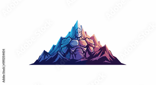 A stylized, muscular figure emerges from behind a mountain range, rendered in vibrant blues and purples