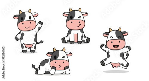 Four cartoon cows are playing and running with one sitting