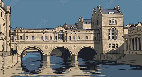 A stylized illustration of a historic stone bridge with arches, spanning a river with reflections