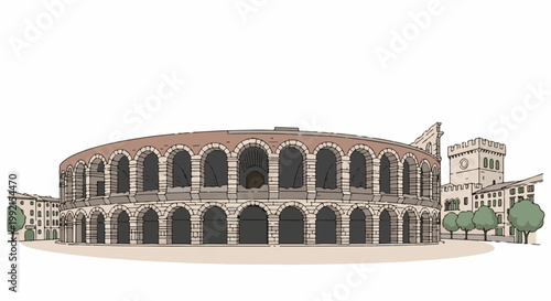 A stylized illustration of a historical Roman amphitheater with arched entrances and surrounding buildings