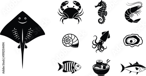 Photography Marine life silhouettes set featuring stingray, crab, seahorse, shrimp, squid, f