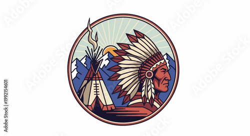 A stylized illustration of a Native American chief and a teepee in a mountainous landscape