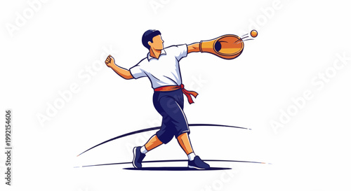 A stylized illustration of a person in mid-throw with a ball and glove