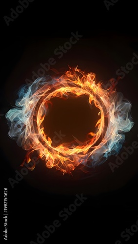 Dynamic ring of fiery orange flames and cool blue smoke creates a captivating contrast against a dark background.