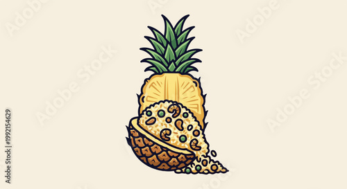 A stylized illustration of a pineapple filled with rice, peas, and shrimp, with a slice behind it