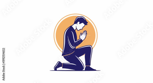 A stylized illustration of a person praying on their knees within a circular frame